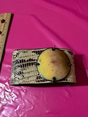 LeighElena Key Lime on Olive Marked Lizard skin narrow Enamel Cuff AUTHENTIC